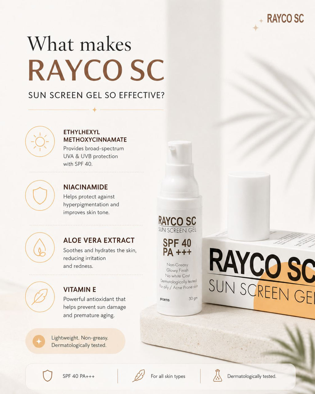 Rayco SC Sunscreen Gel SPF 40 PA+++ | Lightweight UVA/UVB Protection | Non-Greasy Daily Sun Gel