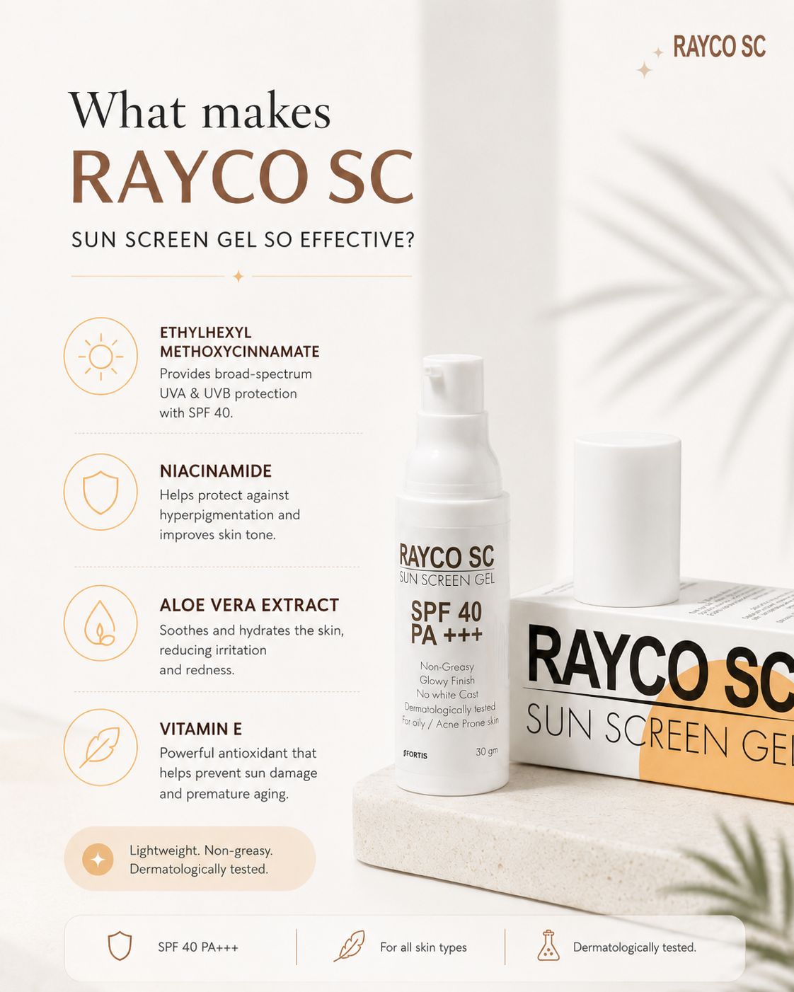 Rayco SC Sunscreen Gel SPF 40 PA+++ | Lightweight UVA/UVB Protection | Non-Greasy Daily Sun Gel